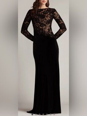 NWT Tadashi Shoji Forena Long Sleeves lace Embroidered Crepe Gown black nude 12